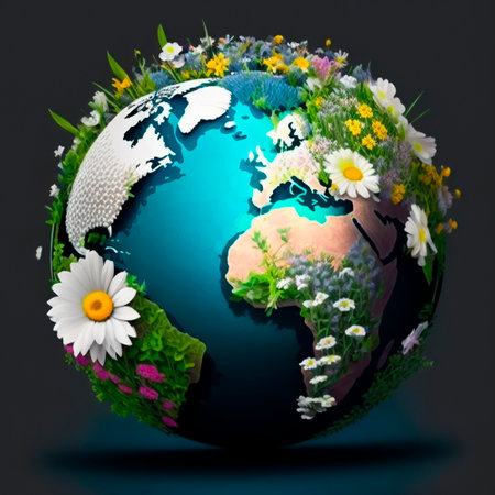 Green Globe Planet Earth with World Map with Green Grass and Flowers. Creative Abstraction. Global Ecology, Environmental Protection Concept. Blooming Globe. Generative AI.の写真素材