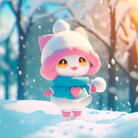 Cute Cartoon Snowman Girl in a White and Pink Winter Hat and Gloves. Illustration on a Winter...