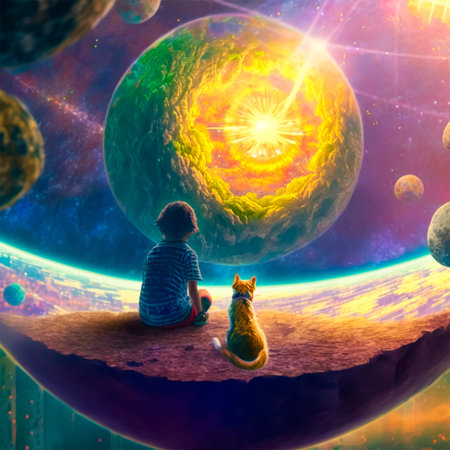 The Little Prince and the Fox are Sitting on the Grass Under the Starry Sky. The Theme of Love,...