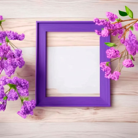 Frame with Purple Flowers. Postcard with Flowering Plants, Concept of Spring and Love. Spring or Summer Romantic Composition. Free Space for Text. AI.の写真素材
