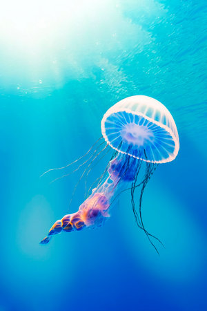 Jellyfish at the Bottom of the Ocean or Sea. Background of Jellyfish Floating in the Ocean Sea, the Light Passes Through the Water, Creating the Effect of Volumetric Rays. Marine Fantastic View, AI.の写真素材
