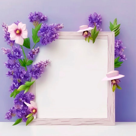 Frame with Purple Flowers. Postcard with Flowering Plants, Concept of Spring and Love. Spring or Summer Romantic Composition. Free Space for Text. AI.の写真素材