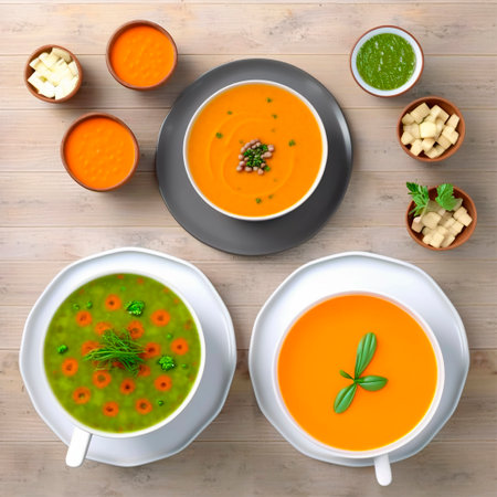 Various Types of Soup in Bowls. Culinary Collage With Dishes, Soups and Sauces. view from above. AI.の写真素材