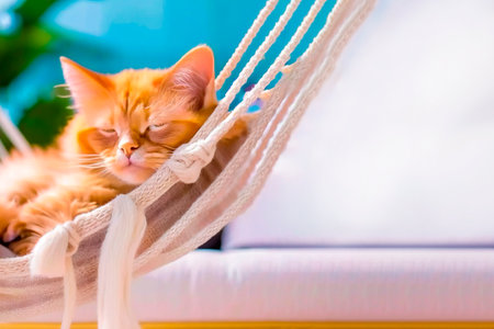 A Cute Red Cat Sleeps on a Light Fabric Hammock on a Tropical Background. AI.の写真素材