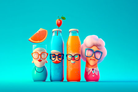 Set of Funny Drink Characters. Background With Various Cocktail Drinks. Generative AI.の素材