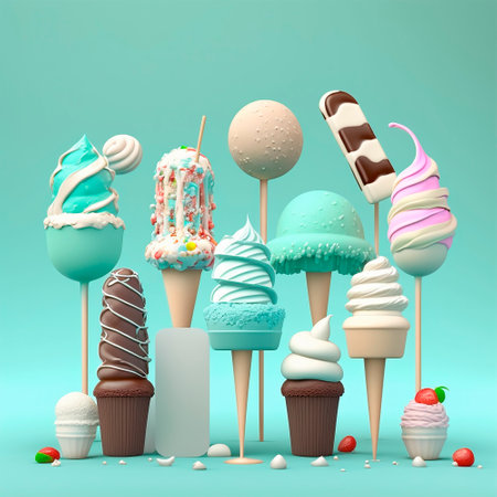 Set of Sweet Food, Lollipops, Ice Cream, Cake, Cupcake, 3d Rendering. banner design. Generative AI.の素材
