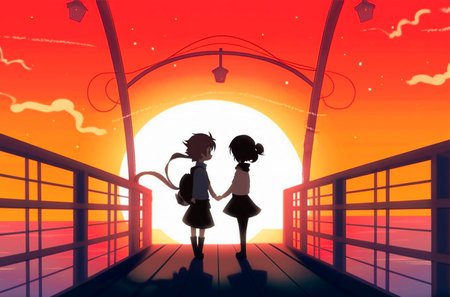 Silhouette of a Boy and a Girl on a Bridge on a Colorful Background. Generative AI.の写真素材