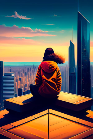 A Teenager Sitting on a Roof With a Fantastic View in the Background. Generative AI.の写真素材