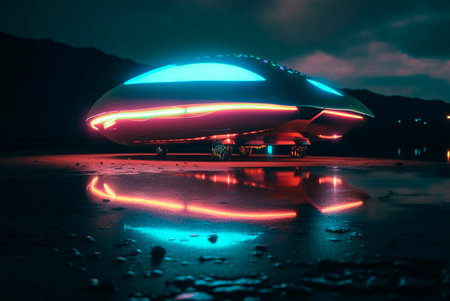 UFO or Alien Spaceship on Earth in Neon Light. Generative AI Illustration.の写真素材