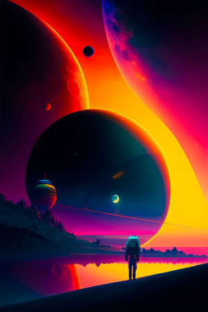 Futuristic Colorful World. Life in Another Universe. A Man Against the Backdrop of a Space House...