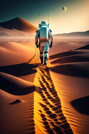 Astronaut on an Alien Planet. A Man in a Spacesuit on the Background of a Fantastic View in Space. AI generated.の写真素材