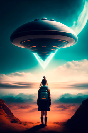 The Girl is Watching the Spaceship. The UFO is landing on the Ground. AI generated.