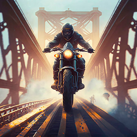 A Motorcyclist in a Helmet Rides a Motorcycle on the Road. Biker on the Bridge in Motion. Generative AI.の素材