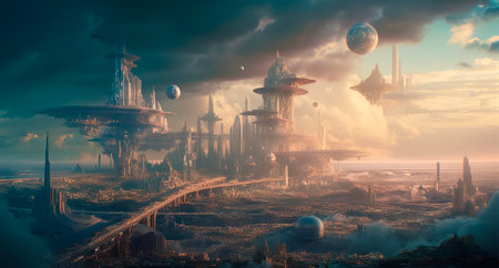 Sunset 3D City of the future. Alien cities, scifi, science fiction, other worlds, alien civilization, cities on other planets, sci-fi cities, surreal buildings, intergalactic cities. Generative AI.の素材
