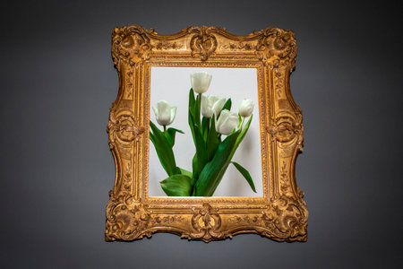 Bouquet of White Tulips in an Expensive frame on a Gray Background. The Concept of Spring, Beauty.の写真素材