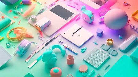 Banner With a Collection of Electronic Gadgets and Stationery. Top View, 3D Rendering. Generative AI.の素材