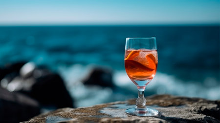 A Beautiful Glass with a Pink Cocktail and Ice Cubes, Standing on an Open Deck Against the Backdrop of Sea Waves. Side View, Close-up. Vacation and Travel Concept. Delicious Tropical Beach Cocktail. Ai generative.の素材