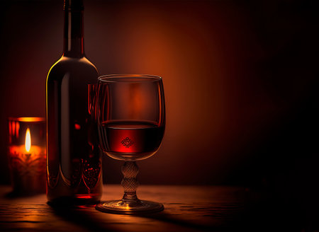 Bottle and Glass of Red Wine on a Red Background. Copy Space for Your Text. Red Wine Glass Silhouette Black Background. Generative AI.の素材
