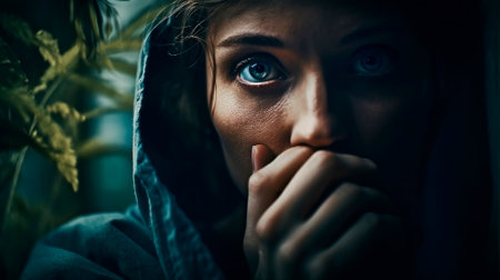 Portrait of a Frightened girl With Beautiful Blue Eyes. Fear and Fright, Strong Emotions. Generative AI.の素材