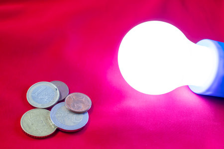 Euro Coins on the Background of a Light Bulb. The Concept of the High Cost of Gas and Electricity for Home Consumption.の写真素材