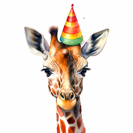 Close-up Portrait of a Cute Giraffe in a Striped Birthday Hat at a Birthday Party on a White Background. Generative AI.の素材