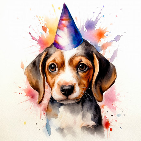 Close-up Portrait of a Cute Dog in a Birthday Hat at a Birthday Party on a White Background. Generative AI.の素材