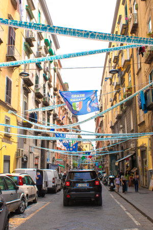 Naples, Italy, June 14, 2023: Naples Bunting, Naples Street. Naples and Football, an Inextricable Link. Maradona, Italy.のeditorial素材