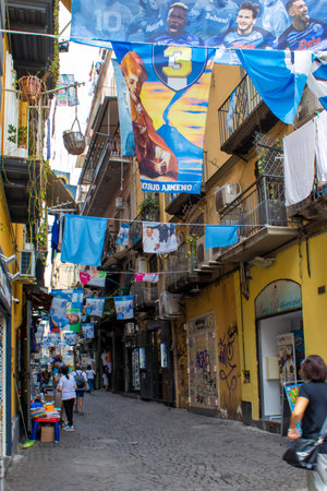 Naples, Italy, June 14, 2023: Naples Bunting, Naples Street. Naples and Football, an Inextricable Link. Maradona, Italy.のeditorial素材