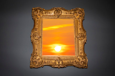 Picture Frame With Red Sun. Sunset and Cloud View. Travel and Tourism Concept. New Scenic Spots.の写真素材
