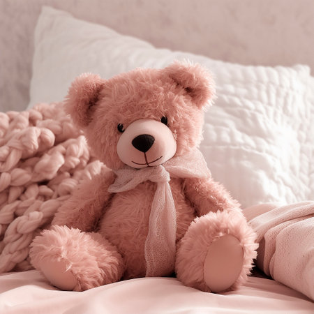 Lovely Teddy Bear on a Light Gentle Background, Mock up for Card Cerebration, AI.の素材