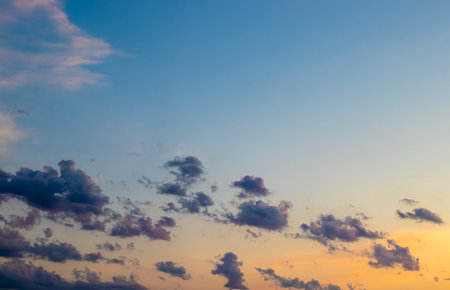 Real Amazing Panoramic Sunrise or Sunset Sky with Gentle Colorful Clouds. long panorama.の写真素材