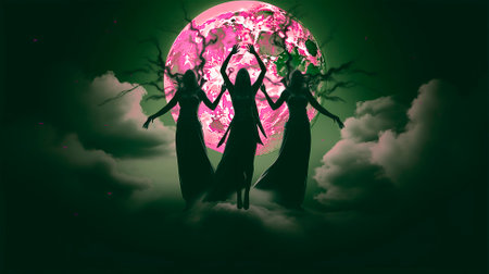 Halloween Witches on the Clouds Against the Backdrop of the Full Moon. Wide art Design for Halloween Party. Generative AI.の素材