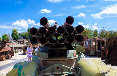 Kyiv, Ukraine, July 24, 2023, Defeat of the Armored Vehicle, Displayed at the Exhibition of Destroyed Russian Military Equipment in Kyiv, Ukraine.のeditorial素材
