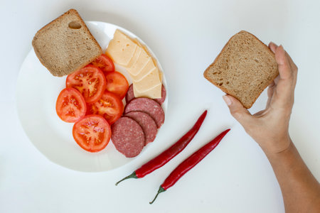 Sausage, Cheese and Tomato With Dark Bread. Cooking Sandwiches at Home.の写真素材