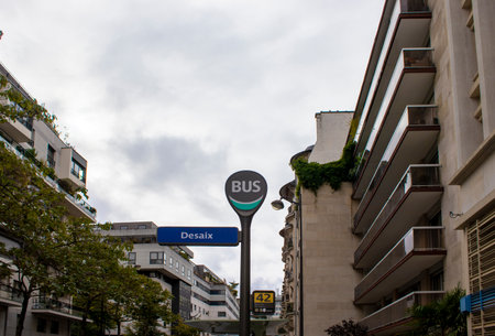 Paris, France, October 15, 2023: Modern bus stop on the street in Paris, France.のeditorial素材