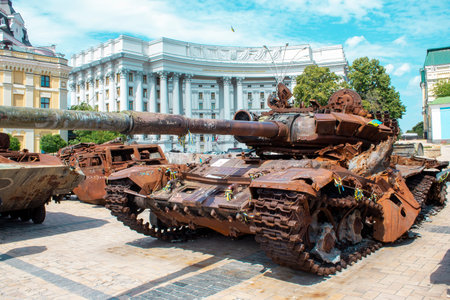 Kyiv, Ukraine, July 24, 2023: Tanks and Military Equipment are on Public Display in the Center of Kyiv.のeditorial素材