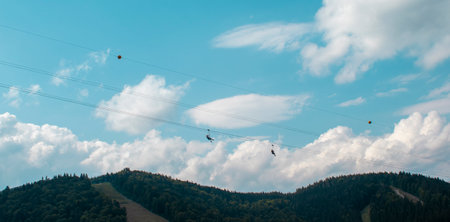 View of the summer ski resort Bukovel in Ukraine in the mountains on a sunny morning, peaceful travel, tourism concept.の写真素材
