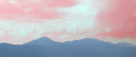 Amazing mountain landscape. Morning panorama of the forest, pine trees and silhouettes of mountains.の写真素材