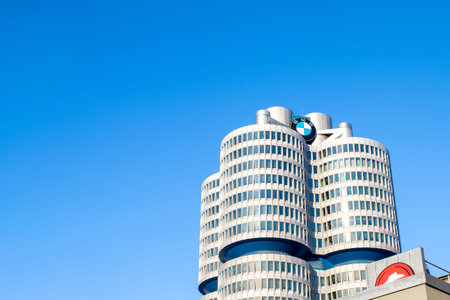 Munich, Germany, December 07, 2023: View of the BMW Museum. Automotive Museum of BMW History in...