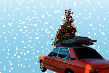 View of a decorated Christmas tree, a car with a Christmas tree. Christmas concept.の写真素材