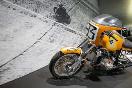 Munich, Germany, December 7, 2023: Historic BMW motorcycle at the BMW Museum in Munich, Germany. BMW's legacy of innovation.のeditorial素材