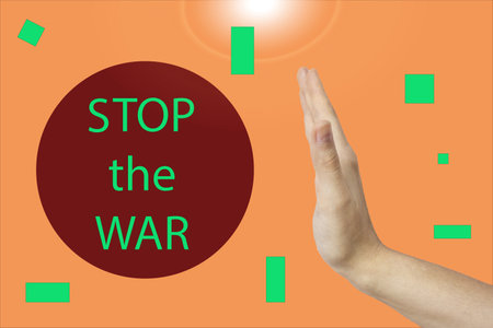 Isolated collage poster on peach background with text stop the war sign with hand symbol and call for peace for Ukraine and the world.の写真素材