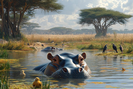 Hippo Relaxing in a Serene Wetland Surrounded by Lush Trees and Wildlife Near a River at Golden Hourの素材