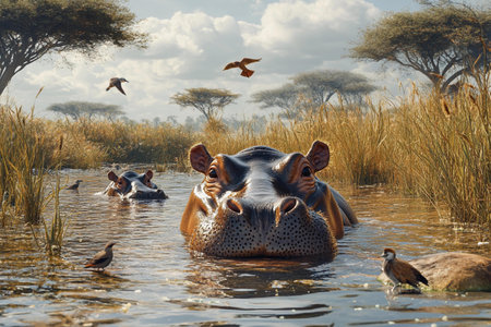 Hippos Relaxing in a Serene Water Body Surrounded by Lush Grasslands and Birds in the Early Morning Lightの素材