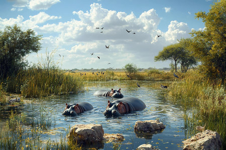Hippos Basking in a Serene Wetland Environment Under a Sunny Sky With Scattered Cloudsの素材