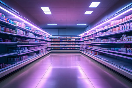 Brightly Lit Grocery Store Aisle Showcasing Colorful Packaging and Modern Lighting Designの素材