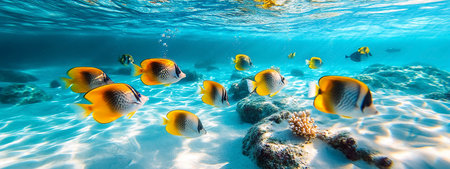 Colorful Tropical Fish Swimming Among Coral Reefs in Crystal Clear Ocean Water Near a Sandy Beachの素材