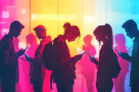 Group of Young People Using Smartphones While Standing in a Colorful Urban Setting During Evening Hoursの素材
