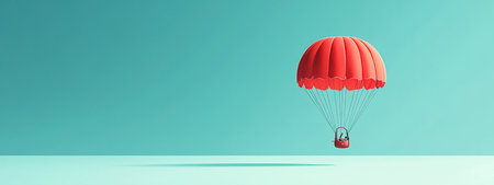 Bright Red Parachute Descends Against a Clear Blue Sky in an Outdoor Setting During Daylightの素材