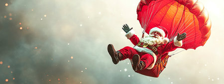 Santa Claus Parachuting Through the Sky During the Holiday Season With a Cheerful Expression and Festive Attireの素材